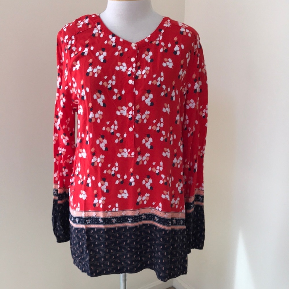 Loft large red multi long sleeve tunic top.
